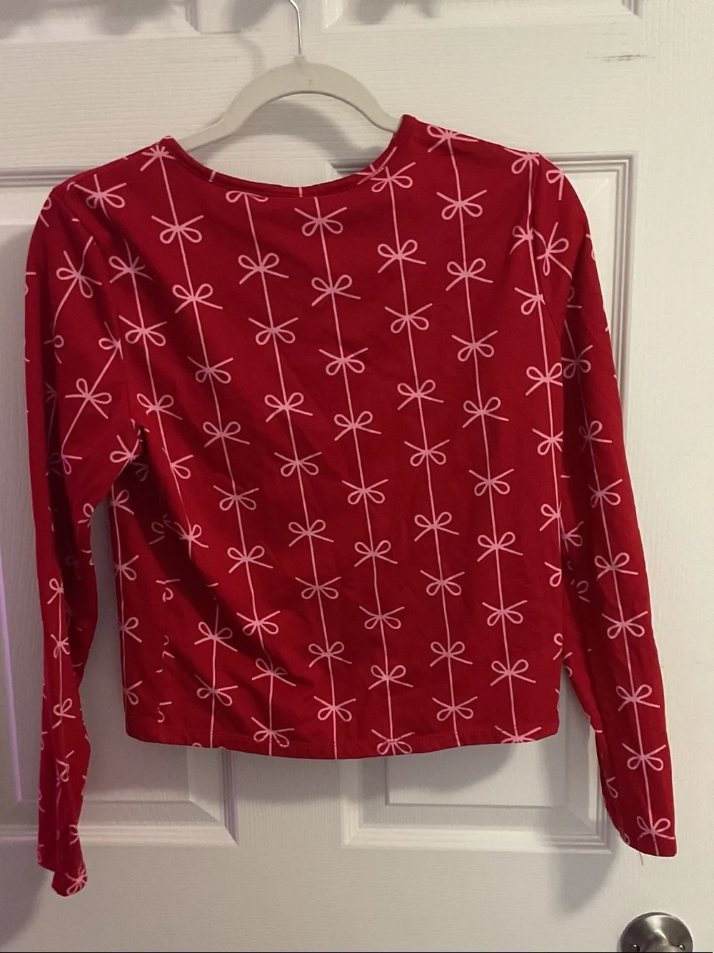 Girls' Red Long-Sleeve Button-Front Pajama Top with Pink Bow Print